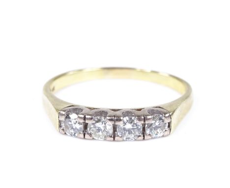 An 18ct gold 4-stone diamond half-hoop ring, total diamond content approx 0.4ct, setting height 3.4mm, size R, 3.4g 