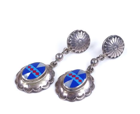A pair of sterling silver enamel and mother-of-pearl drop pendant earrings, with engraved floral fitting and geometric enamel