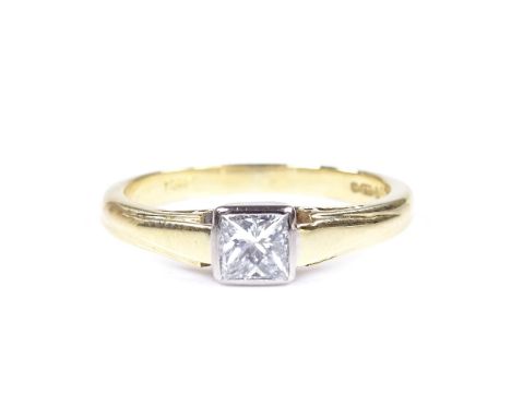 An 18ct gold Princess-cut solitaire diamond ring, diamond approx 0.4ct, setting height 4.6mm, size J, 2.9g 