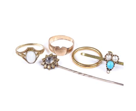 Various gold jewellery, comprising 9ct turquoise and pearl bar brooch, 10ct opal ring, 15ct stone set stickpin, and unmarked 