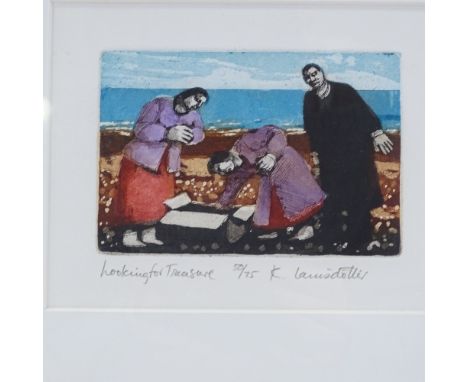 Karolina Larusdottir, coloured etching, looking for treasure, signed in pencil, plate size 4" x 6", framed 