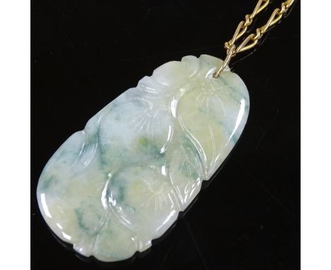 A carved jade pendant, on unmarked yellow metal chain, panel height 40.8mm, chain length 440mm, 12.5g 