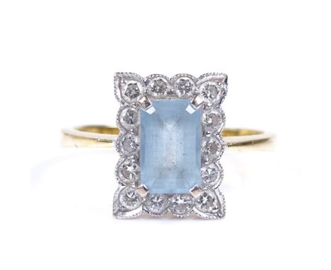 An 18ct gold aquamarine and diamond cluster panel ring, emerald-cut aquamarine approx 1.2ct, setting height 12.5mm, size P, 4