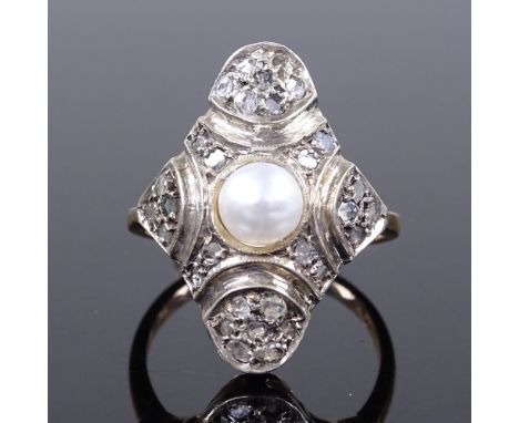 An unmarked gold pearl and rose diamond panel dress ring, panel height 24.5mm, size P, 4.7g 