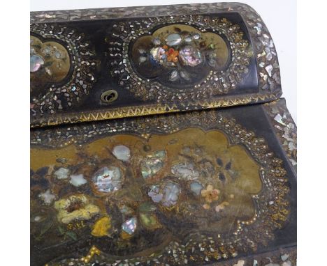 A Victorian papier mache writing slope, with painted and inlaid mother-of-pearl floral decoration, width 32cm 