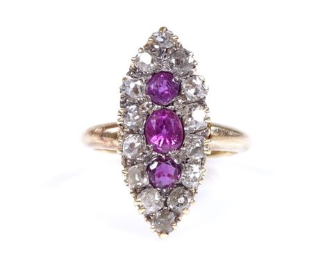 An 18ct gold ruby and diamond cluster marquise-shaped ring, setting height 24.9mm, size M, 5.8g 