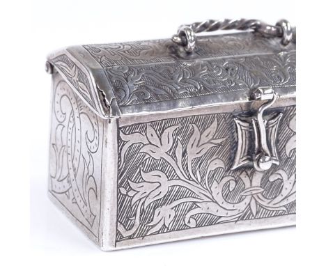 An Antique silver miniature trunk design box, possible Dutch or German, with all over bright-cut engraving, length 6cm 