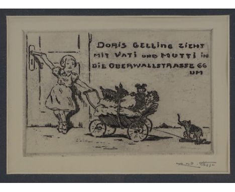 Rudolf Hesse (1871 - 1944), etching, child with a toy elephant, signed in pencil, plate size 3.75" x 6", framed 