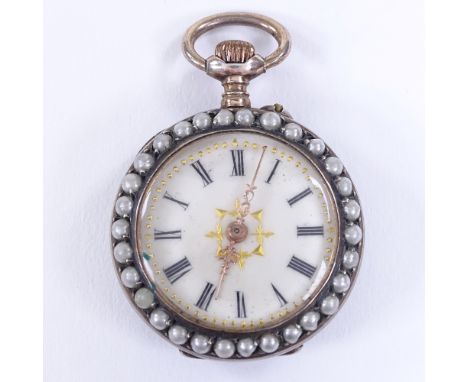 A Swiss unmarked yellow metal open-face top-wind fob watch, with pearl set bezel and printed image caseback, case width 27mm 