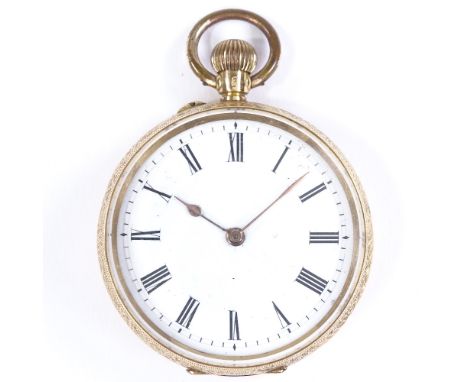 A Swiss 14ct gold cased open-face top-wind fob watch, with floral and foliate engraved case, and white enamel dial, case no. 