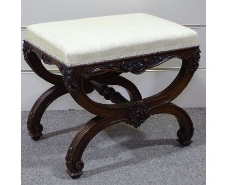 A 19th century walnut X-framed dressing stool, with acanthus carved decoration, 21" x 15" 