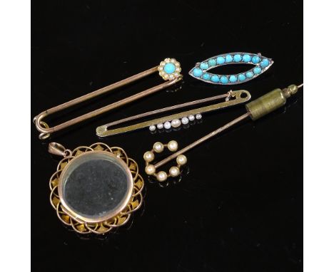 Various turquoise and pearl jewellery, comprising 9ct photo locket, 9ct scarf pin, tie pin, and brooch (4) 