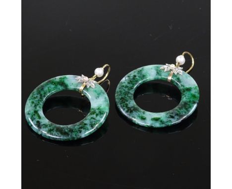 A pair of Art Deco spinach jade pearl and diamond hoop earrings, hoop diameter 35mm, 13.6g 