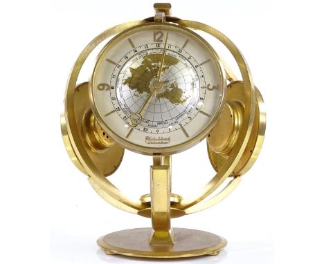 A good quality retro gilt-brass cased triple dial desktop clock / barometer / thermometer, clock dial inscribed Philip Watch,
