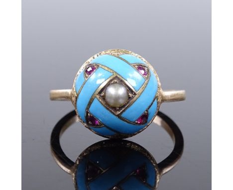 An unmarked gold pearl ruby and blue enamel bombe ring, setting height 12.6mm, size J, 3.5g 