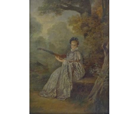 19th century French School, oil on canvas laid on board, portrait of a woman playing a lute, unsigned, 18" x 12.5", framed 