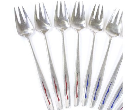 A set of 12 sterling silver and enamel pastry forks, with inlaid red and blue enamelling, length 15cm, 10.1oz total 