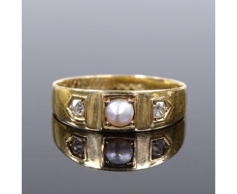 A Victorian 18ct gold 3-stone pearl and diamond ring, setting height 6mm, size Q, 2.6g 