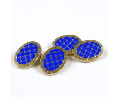 A cased pair of Aspinal of London silver-gilt and blue enamel cufflinks, panel height 19mm 
