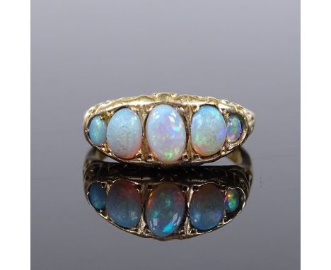 An 18ct gold 5-stone opal half-hoop ring, setting height 8.1mm, size K, 2.1g 