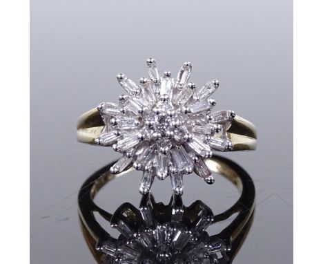 A 9ct gold diamond cluster cocktail ring, setting height 14.7mm, size O, 4.6g 