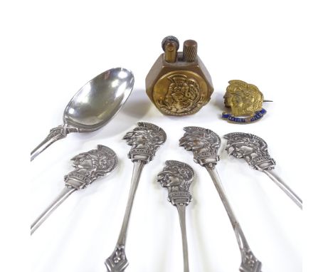 A group of items relating to the Artists Rifles, including silver teaspoons, trench art pocket lighter, and enamel badge 