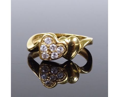 An 18ct gold double-heart paste cluster ring, setting height 9.1mm, size N 