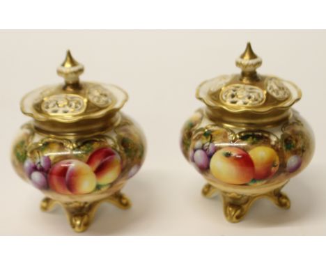 PAIR OF ROYAL WORCESTER FRUIT STUDY POTPOURRI VASES  SIGNATURES INDISTINCT - ONE MARKED H161, OTHER H261 H11CM