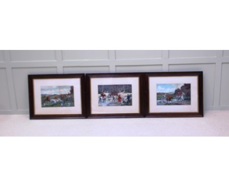 3 X OAK FRAMED HUNTING RELATED PRINTS - DE CONDAMY  W 59 CM H 47 CM