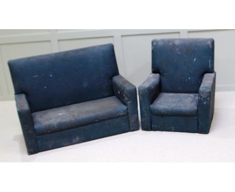 1930S MINIATURE 2 PIECE LOUNGE SUITE SOFA W 74CM H 64 CM D 38 CM