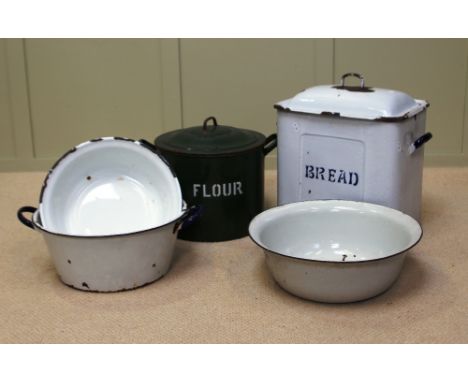 ENAMEL BREAD, FLOUR BIN  AND 3  WASH BOWLS