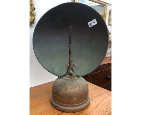 A brass Tilley lamp, with plaque inscribed 'Tilley Radiator', a Victorian brass chestnut roaster and a brass stand (3).