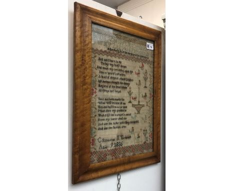 A 19th century needlework sampler, worked by Catharine Treweek aged 9, 1836, decorated with alphabet and verse, in bird's eye