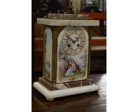 A French painted alabaster and marble mantle clock.