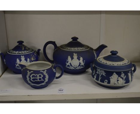 A Wedgwood blue Jasper ware Royal Commemorative three piece tea service and a similar bowl and cover.