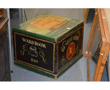 A decoratively painted pine Naval trunk.