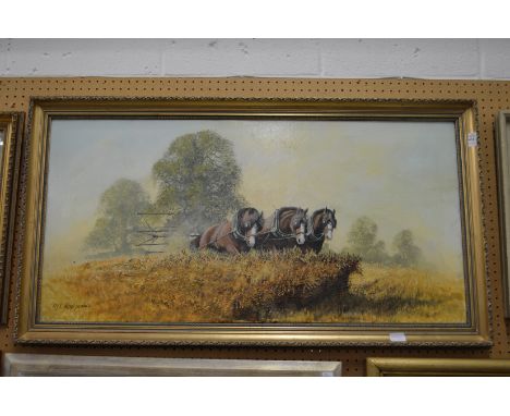 R C Allcock-Bowden "Heavy Horses Working in a Field" oil on canvas, signed.