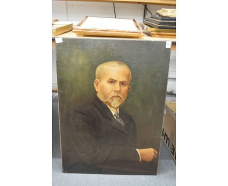 A portrait of a gentleman with a grey beard and black jacket, oil on board, unframed.