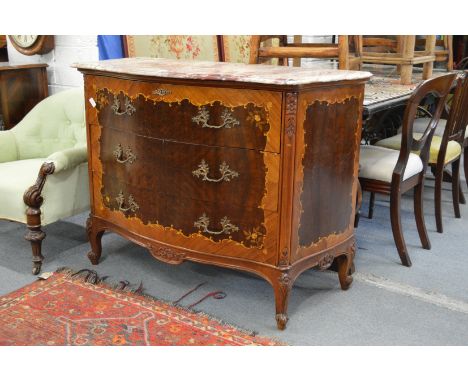 A French style marquetry and marble topped serpentine fronted three drawer commode.