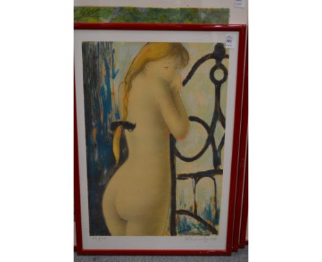 A standing female nude, limited edition colour print, pencil signed.