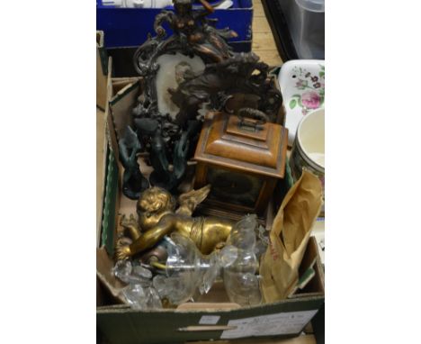 Decorative ormolu and cut glass cherub ceiling light, a mantle clock etc.