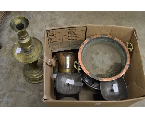 Various copper and brassware to include an old mortar, a brass candlestick, copper dish etc.
