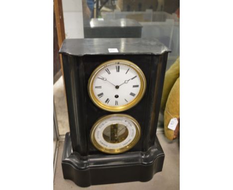 A good Victorian slate mantle clock with barometer.