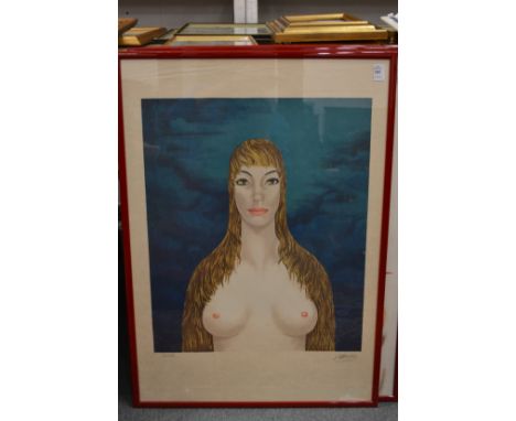 A portrait bust of a female nude, limited edition colour print, pencil signed.