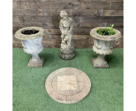 Cast stone female figure, NESW Compass stone plaque, and pair of small cast stone urns