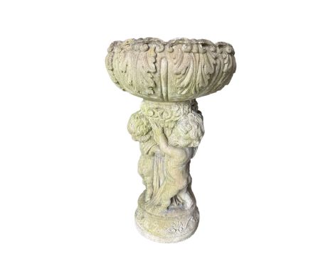 Cast stone planter or bird bath, supported by classical putti on circular base - THIS LOT IS TO BE COLLECTED BY APPOINTMENT F