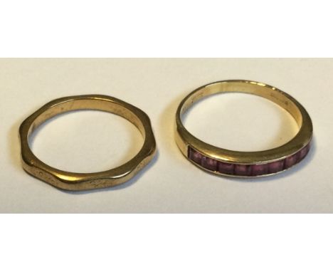 A small ruby half eternity ring together with a wedding band. Approx. 3 grams. Est. £50 - £80.
