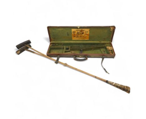 Canvas and leather trimmed shotgun case by Watson Bros., London inscribed G.H.N.Todd, Royal Scots Greys  and two Polo mallets