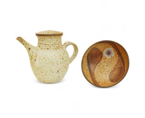 David Lloyd Jones (1928-1994); covered coffee pot and shallow bowl, each with speckled glaze, the bowl decorated with a pink 