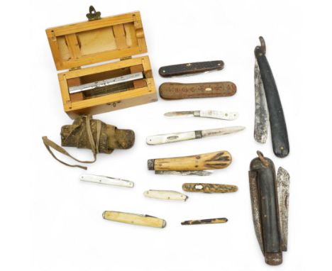 Two mother of pearl fruit knives with silver blades, 19th century pen knife with horn case by William Oates, Sheffield, anoth